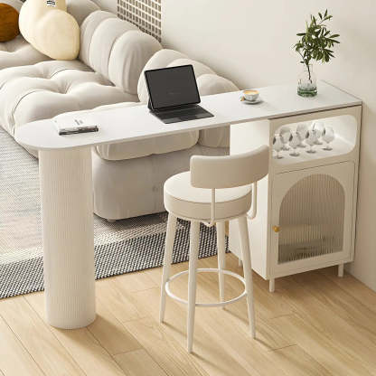 Modern Slim Bar Table with Rounded Edge and Storage — White-Gold / Table Only