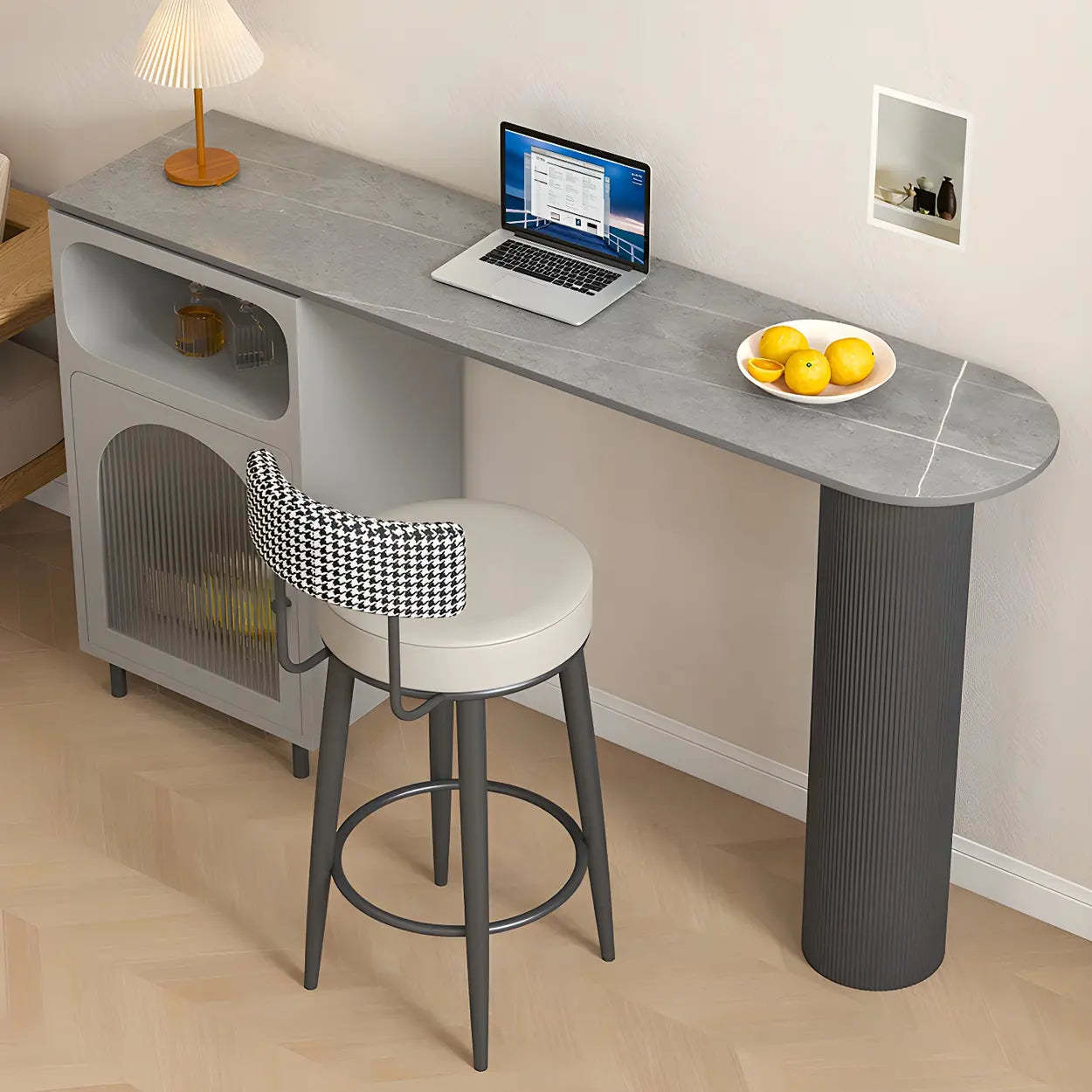 Modern Slim Bar Table with Rounded Edge and Storage — White-Black / Table Only