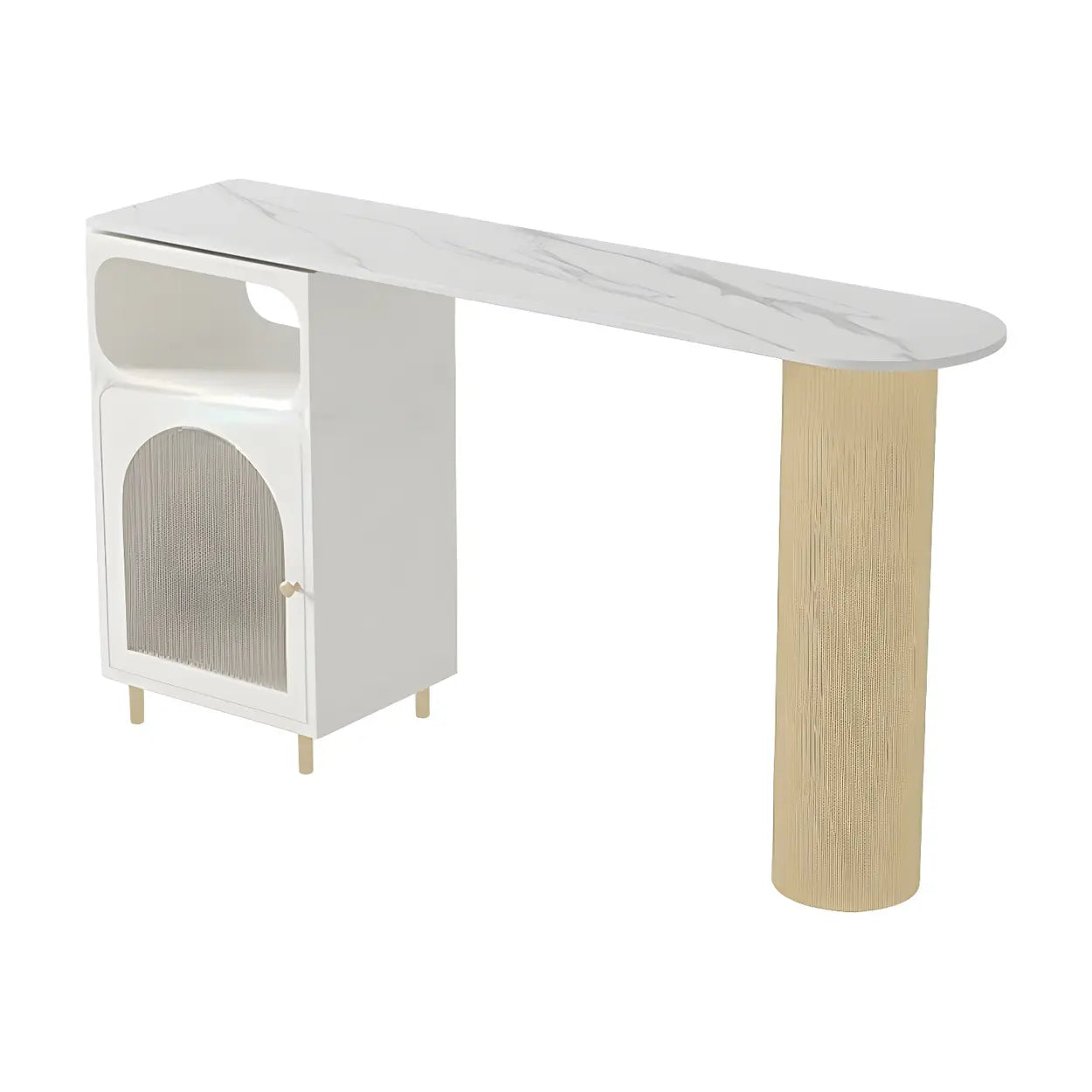 Modern Slim Bar Table with Rounded Edge and Storage — White-Gold / Table Only