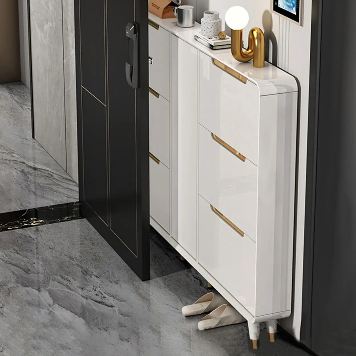 Modern Slim White Wood Entryway Shoe Cabinet