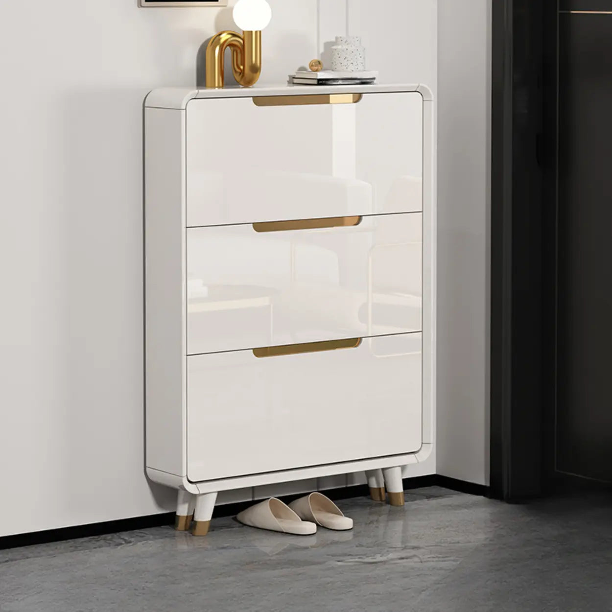 Modern Slim White Wood Entryway Shoe Cabinet