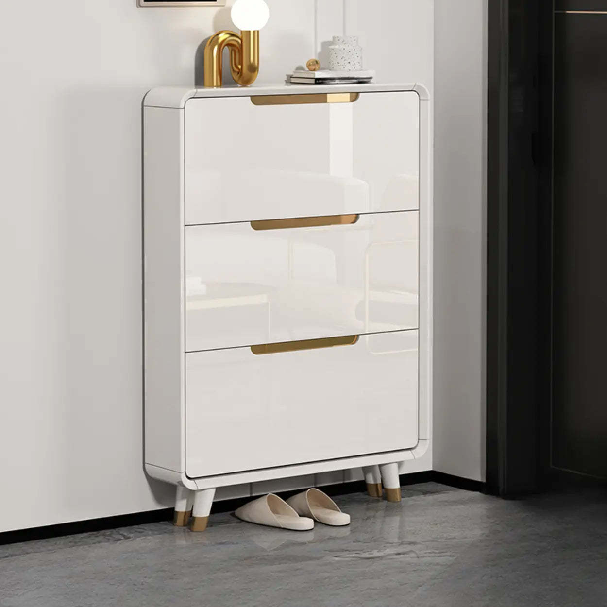 Modern Slim White Wood Entryway Shoe Cabinet