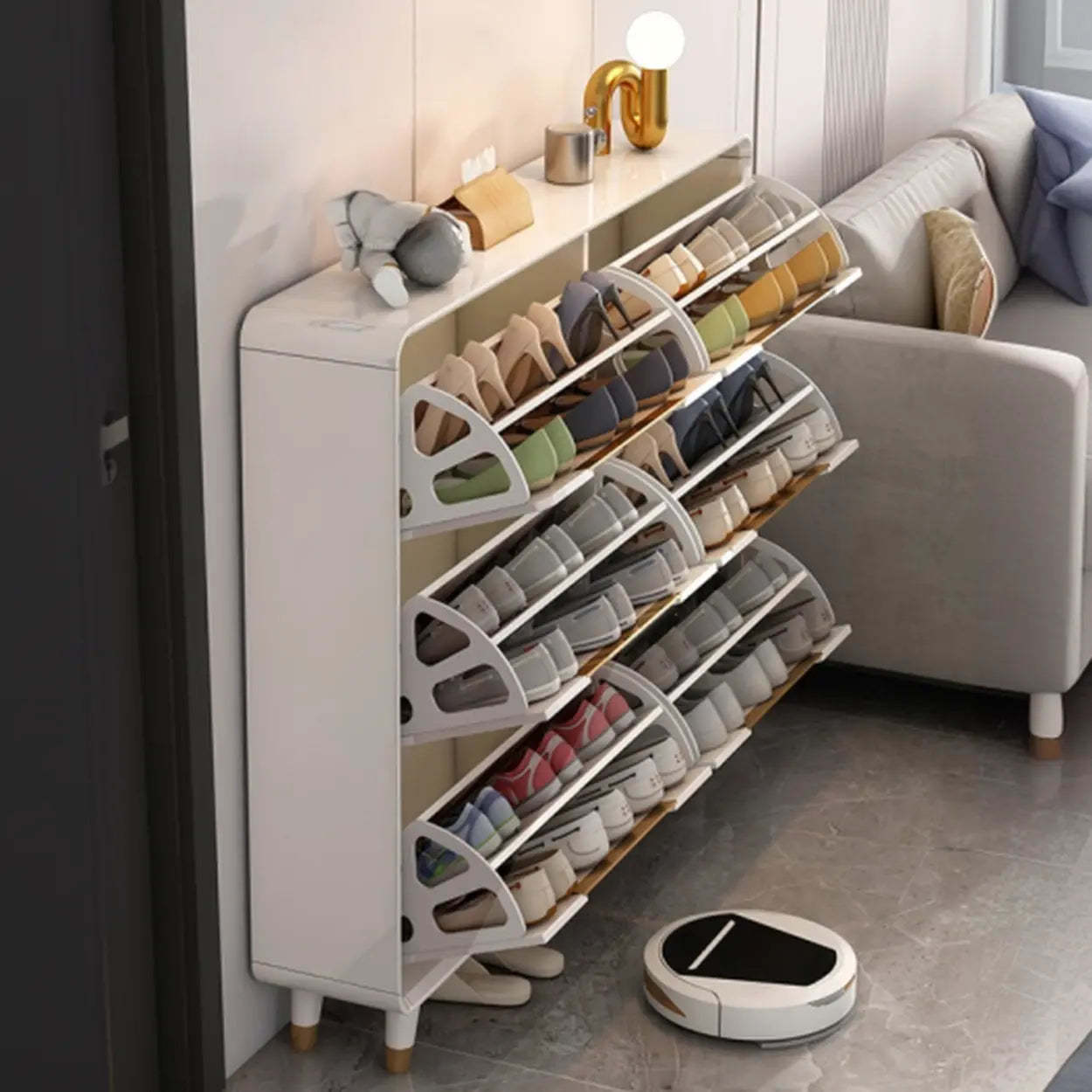 Modern Slim White Wood Entryway Shoe Cabinet