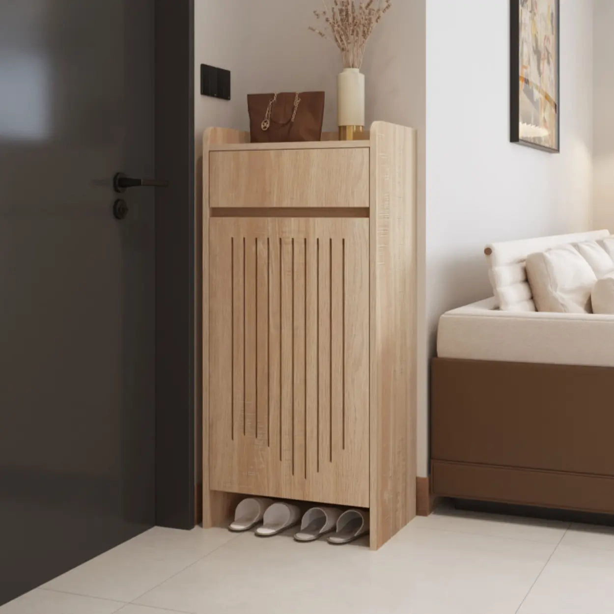 Modern Slim Beige Wood Hallway Shoe Cabinet