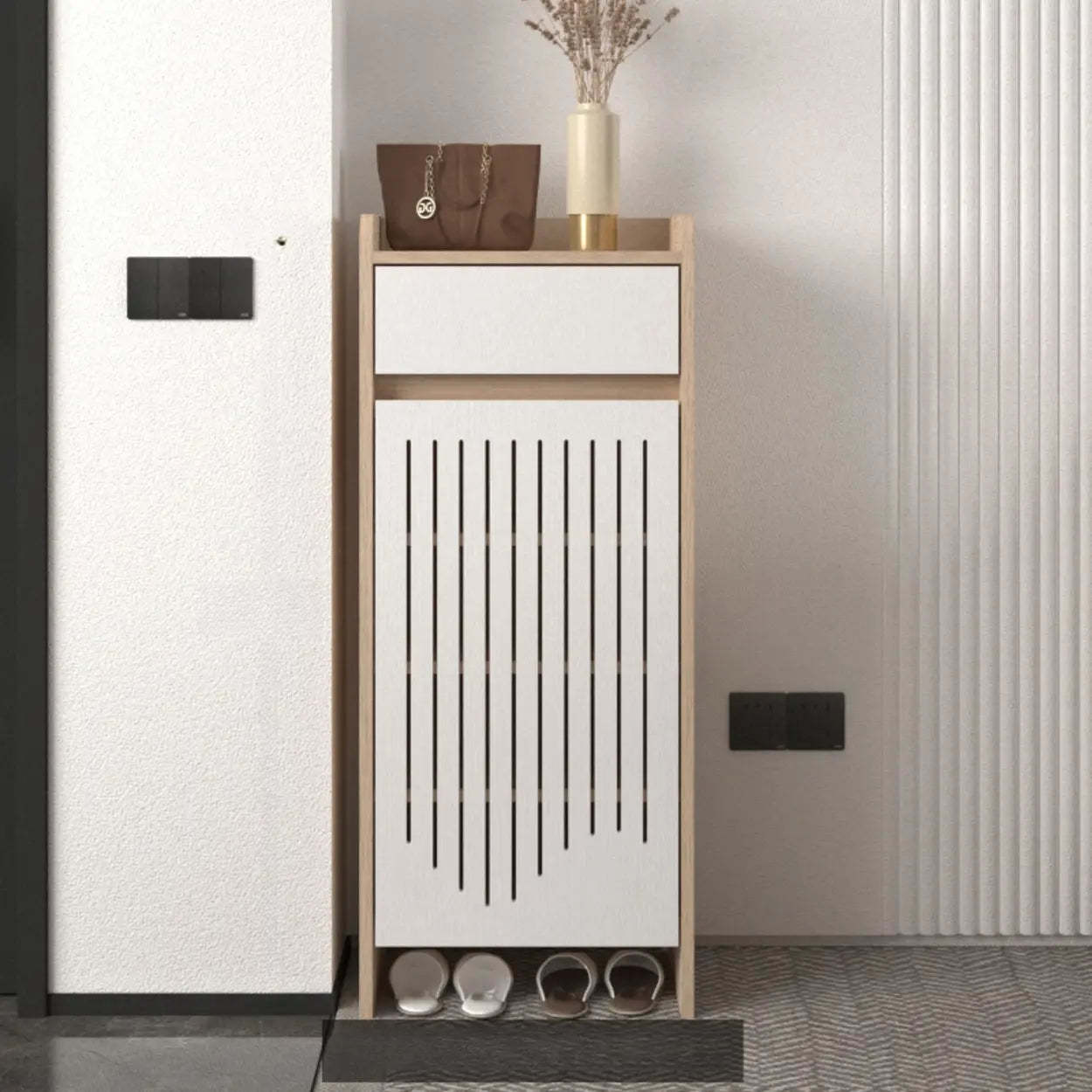Modern Slim Beige Wood Hallway Shoe Cabinet — White