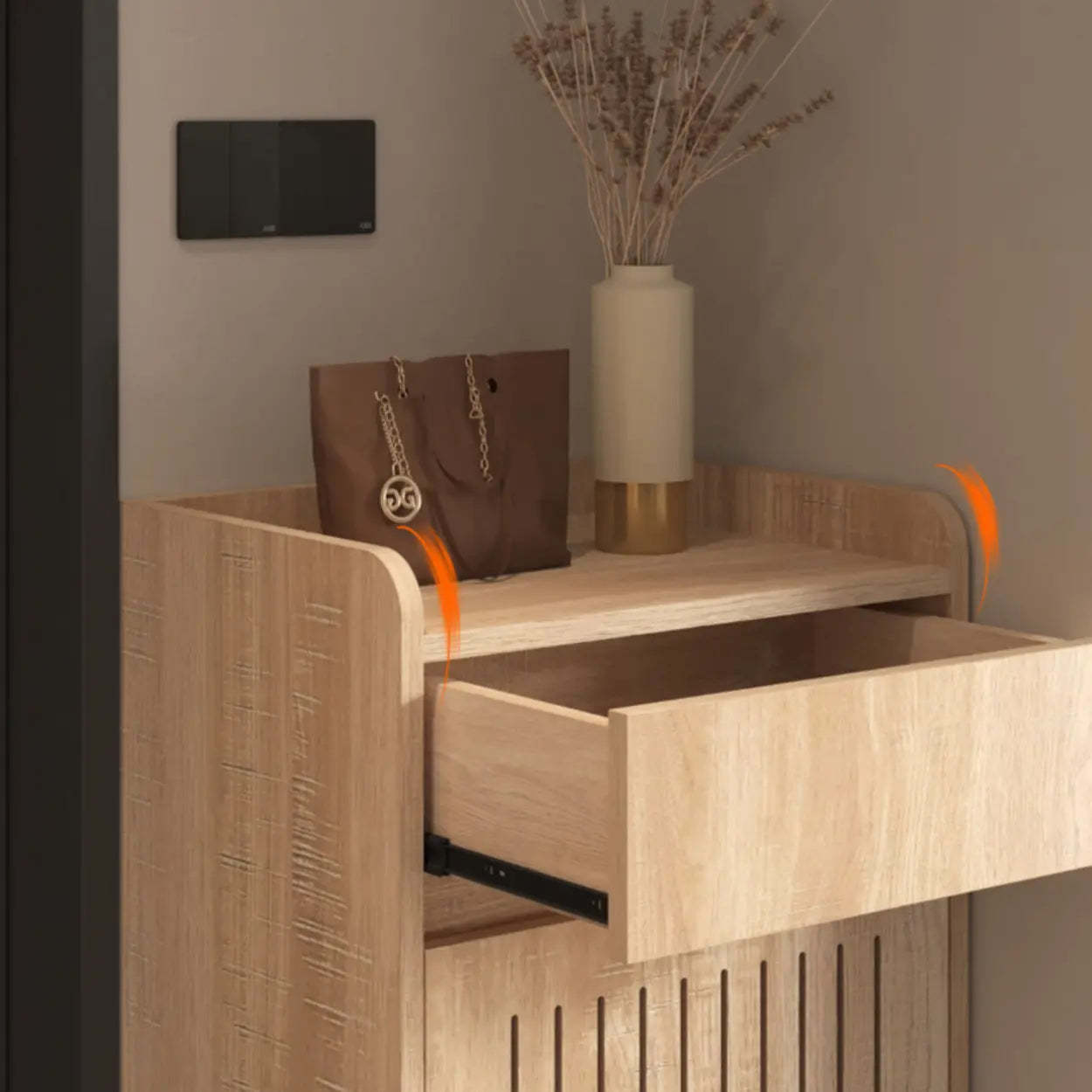 Modern Slim Beige Wood Hallway Shoe Cabinet — Natural/ White