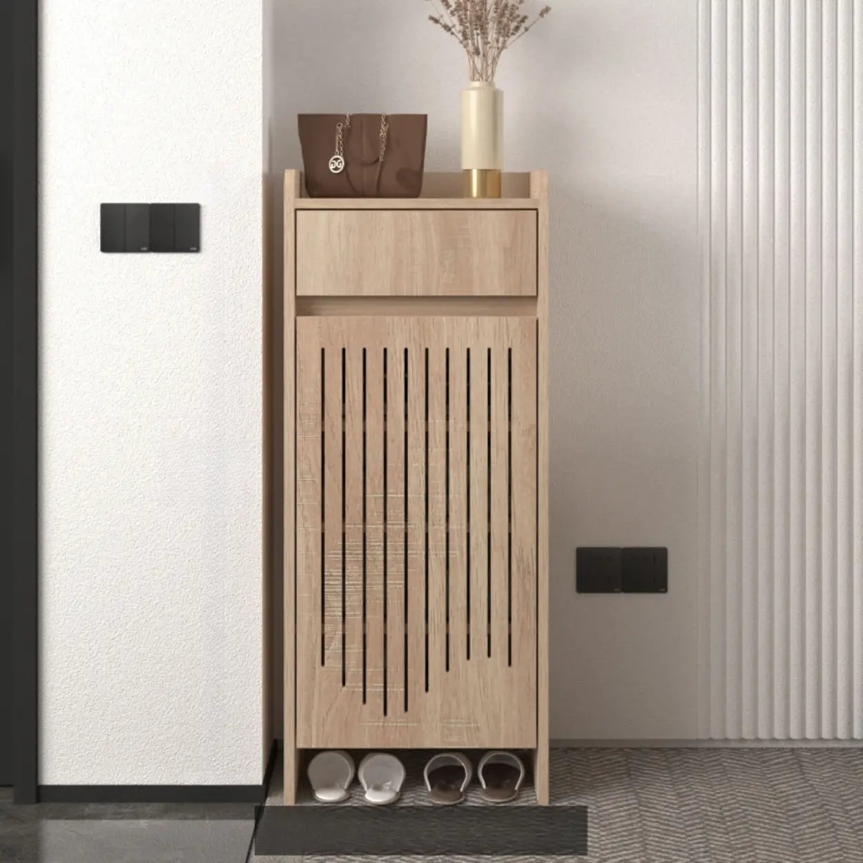 Modern Slim Beige Wood Hallway Shoe Cabinet — Natural