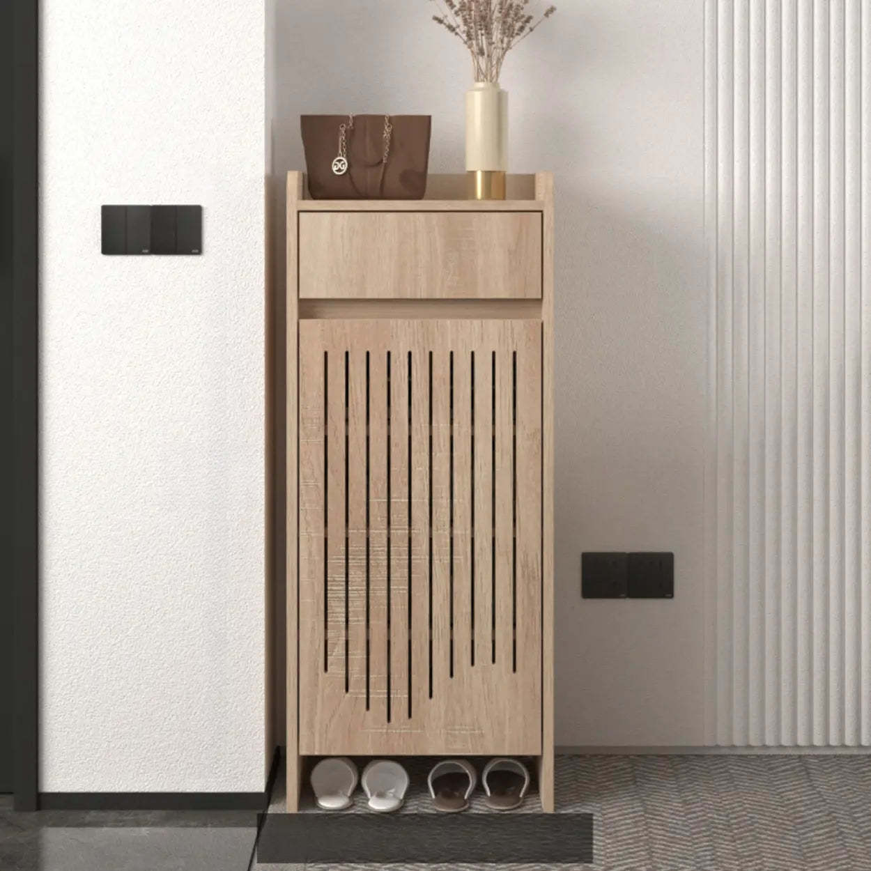 Modern Slim Beige Wood Hallway Shoe Cabinet — Natural