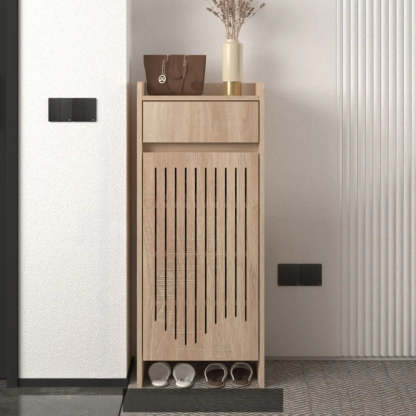 Modern Slim Beige Wood Hallway Shoe Cabinet — Natural