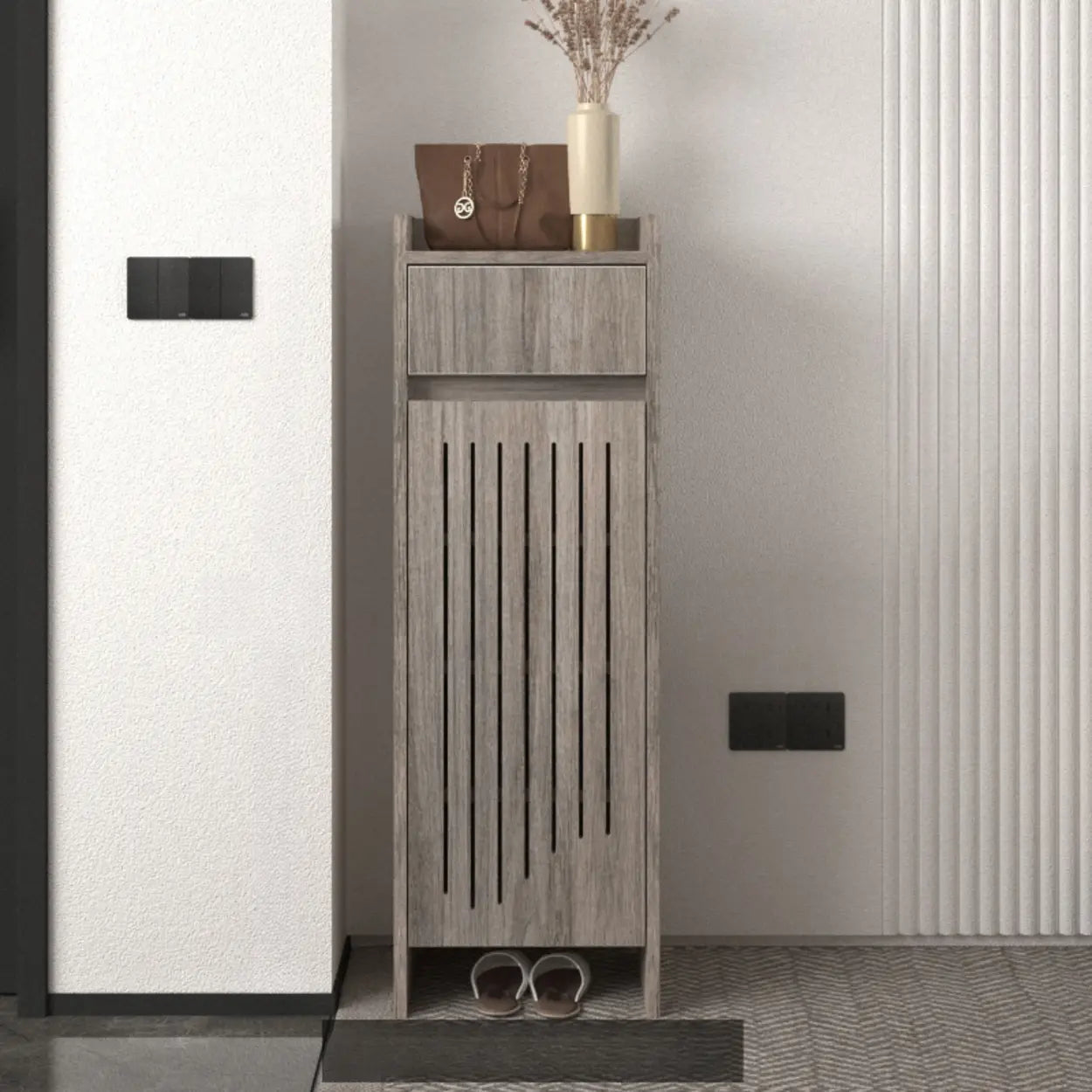 Modern Slim Beige Wood Hallway Shoe Cabinet — White