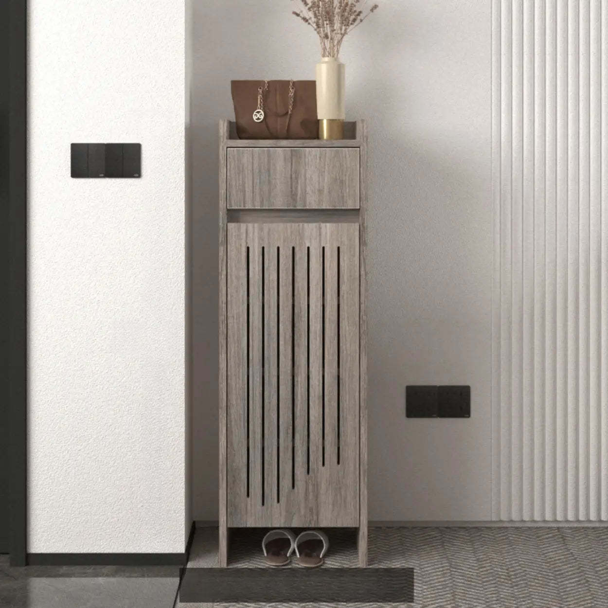 Modern Slim Beige Wood Hallway Shoe Cabinet — White