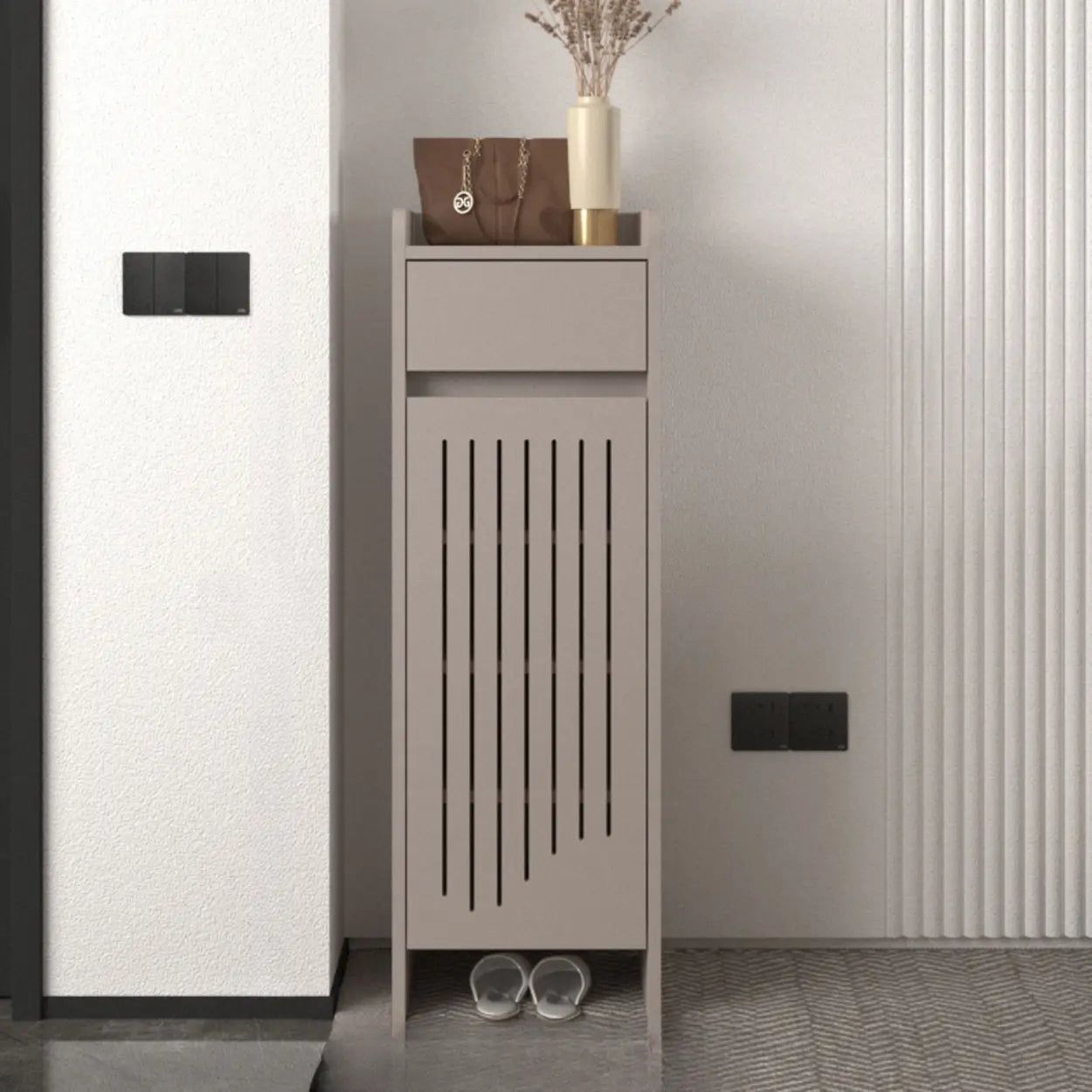 Modern Slim Beige Wood Hallway Shoe Cabinet — White
