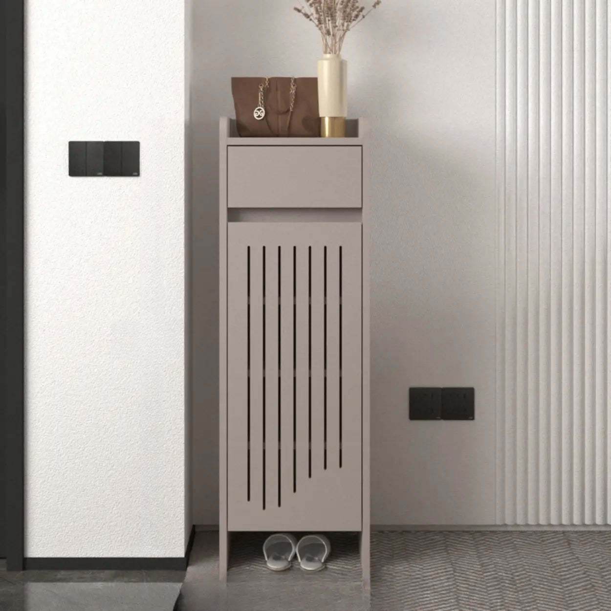 Modern Slim Beige Wood Hallway Shoe Cabinet — White
