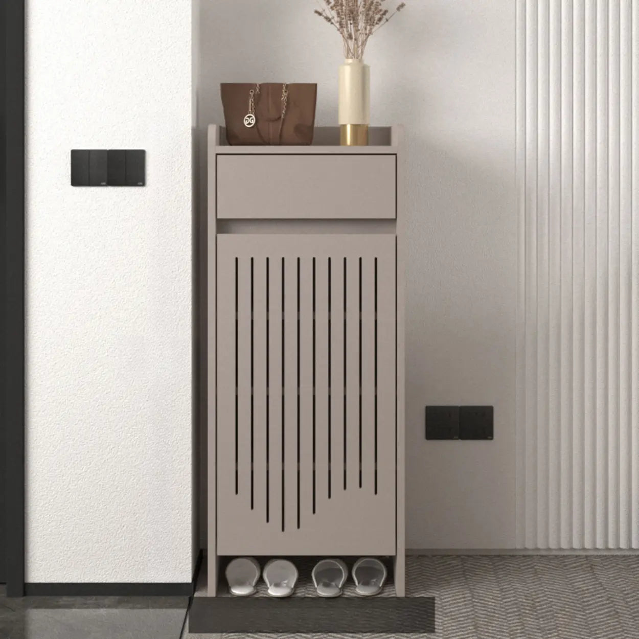 Modern Slim Beige Wood Hallway Shoe Cabinet — Natural
