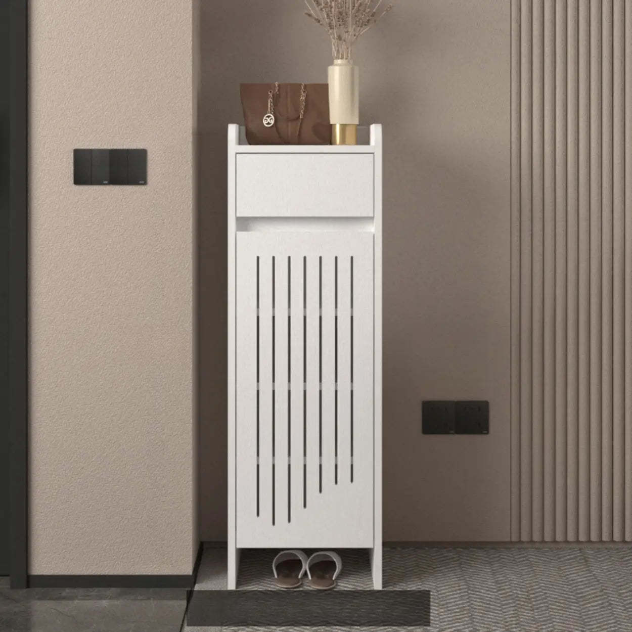 Modern Slim Beige Wood Hallway Shoe Cabinet — White
