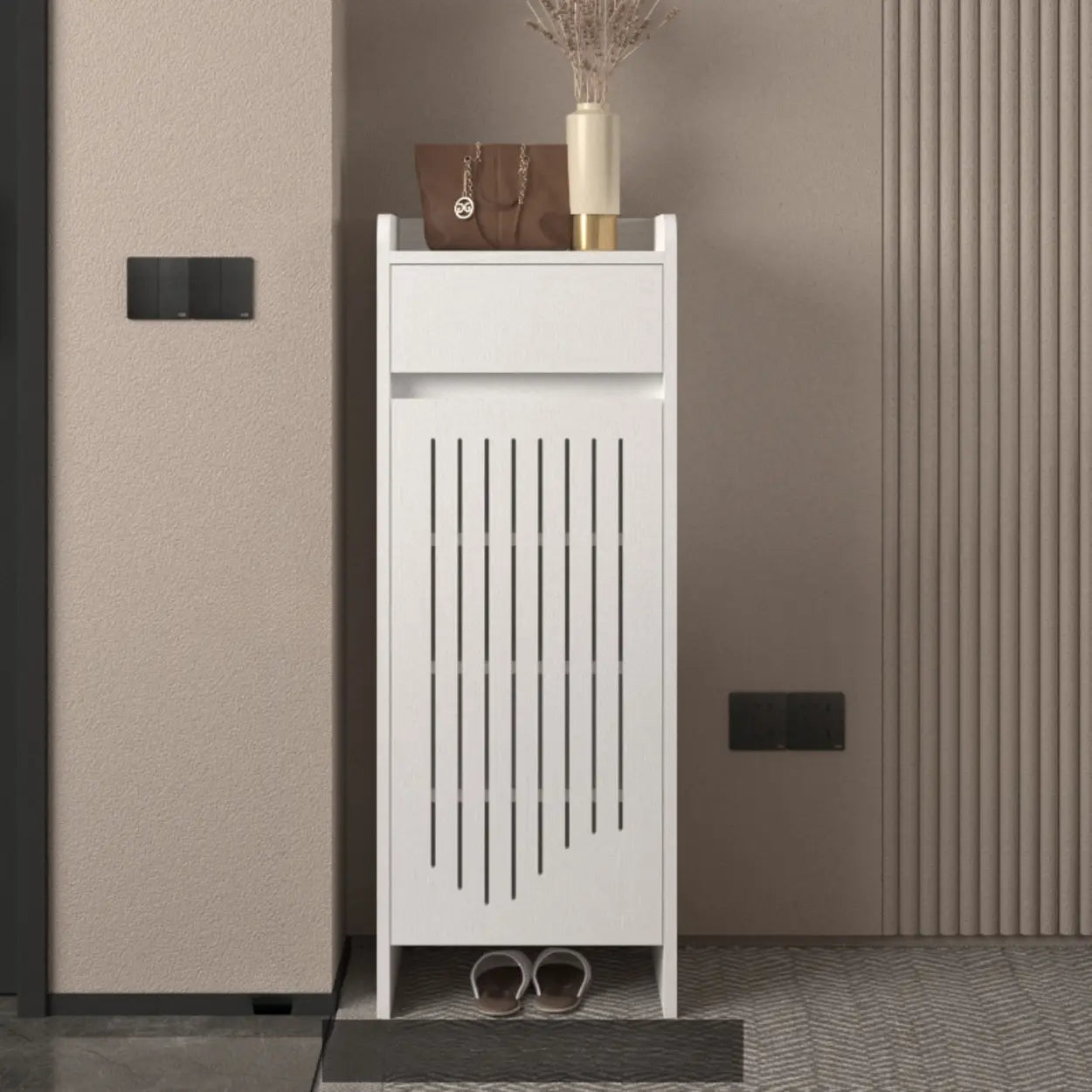 Modern Slim Beige Wood Hallway Shoe Cabinet — Natural/ White
