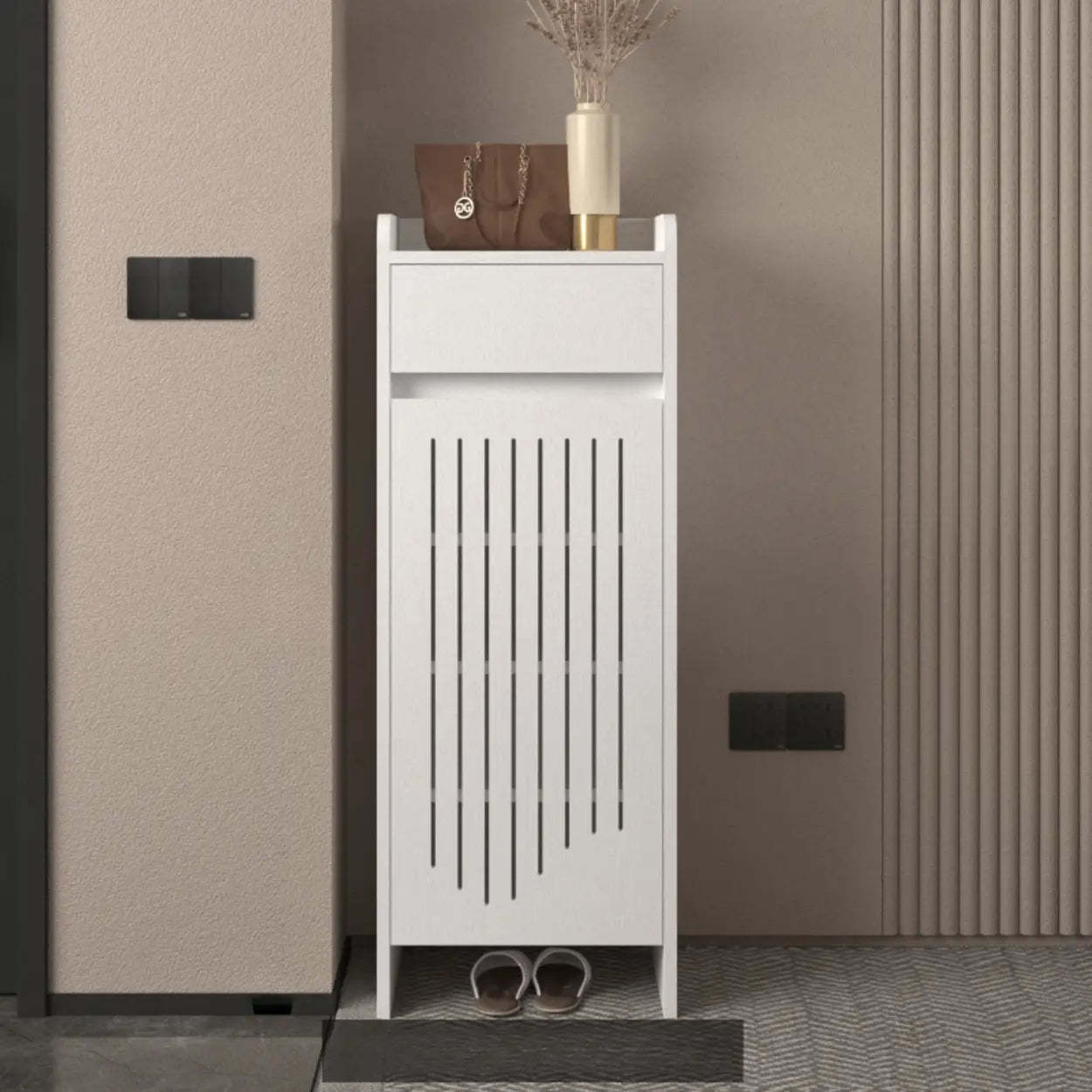 Modern Slim Beige Wood Hallway Shoe Cabinet — Natural/ White