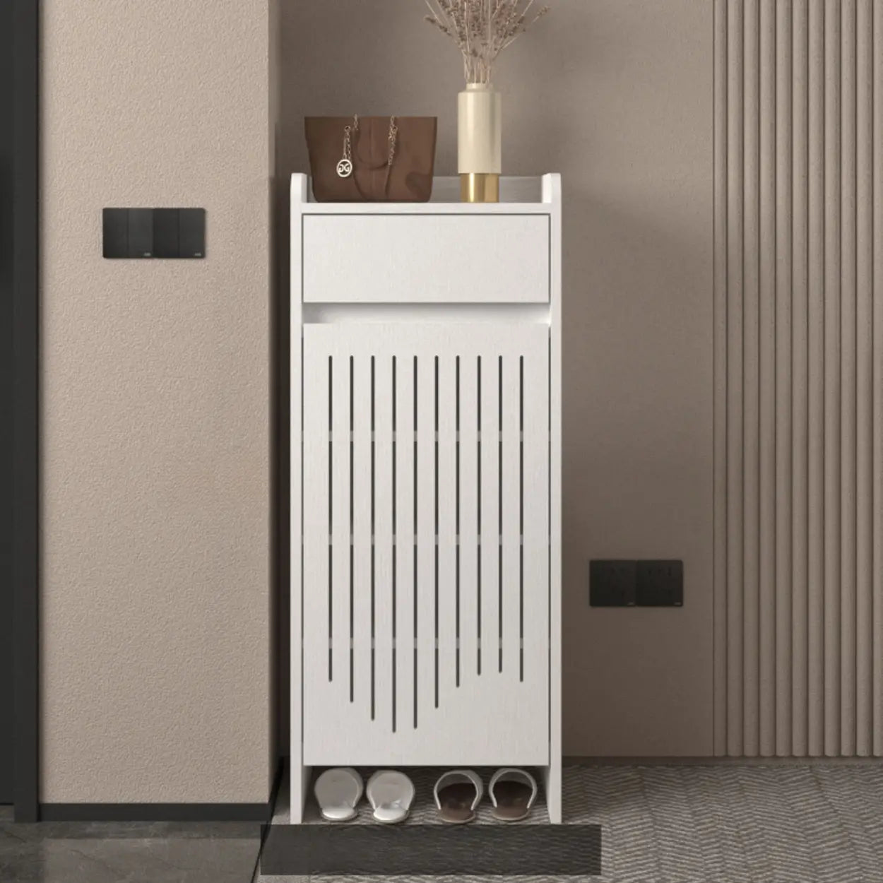 Modern Slim Beige Wood Hallway Shoe Cabinet — Grey
