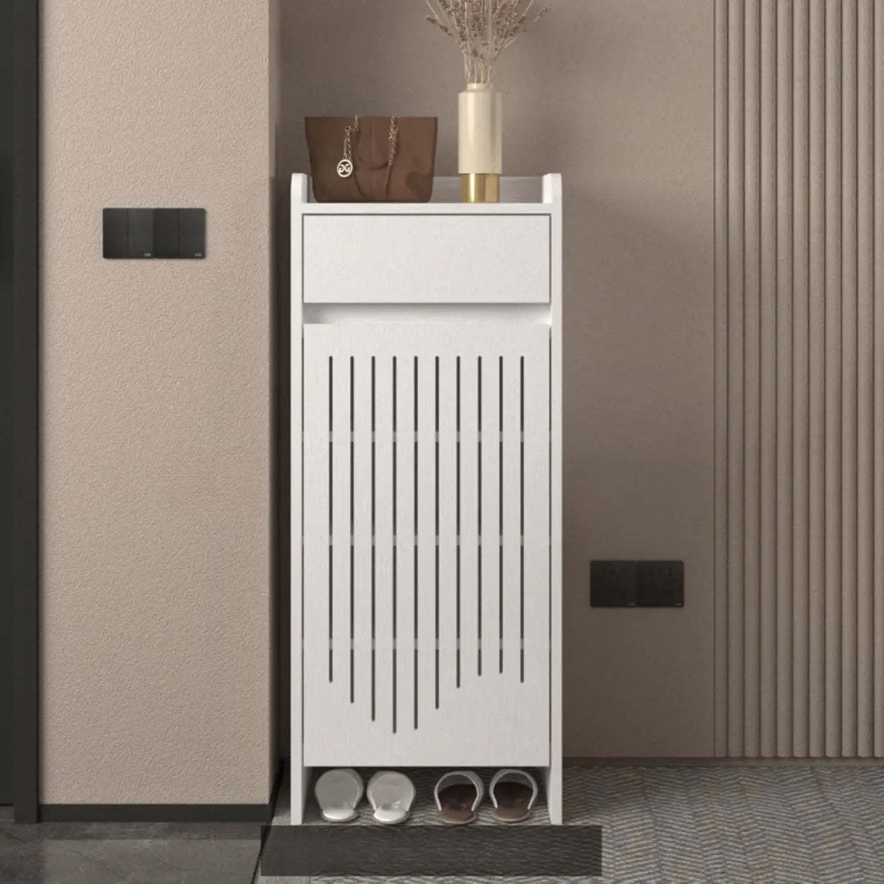 Modern Slim Beige Wood Hallway Shoe Cabinet — Grey