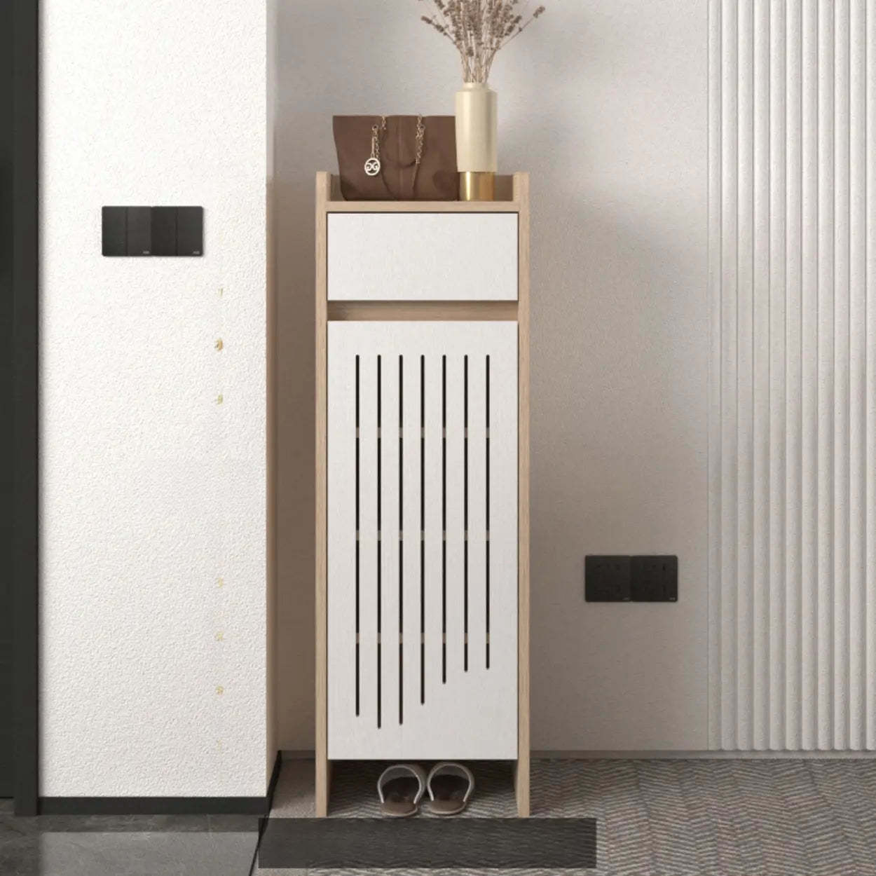 Modern Slim Beige Wood Hallway Shoe Cabinet