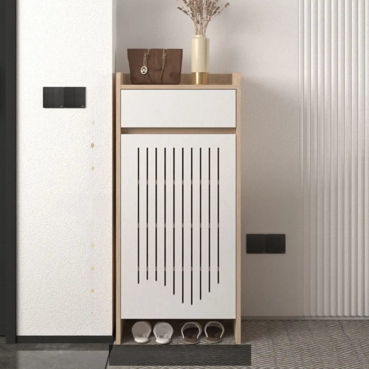 Modern Slim Beige Wood Hallway Shoe Cabinet — Black Oak