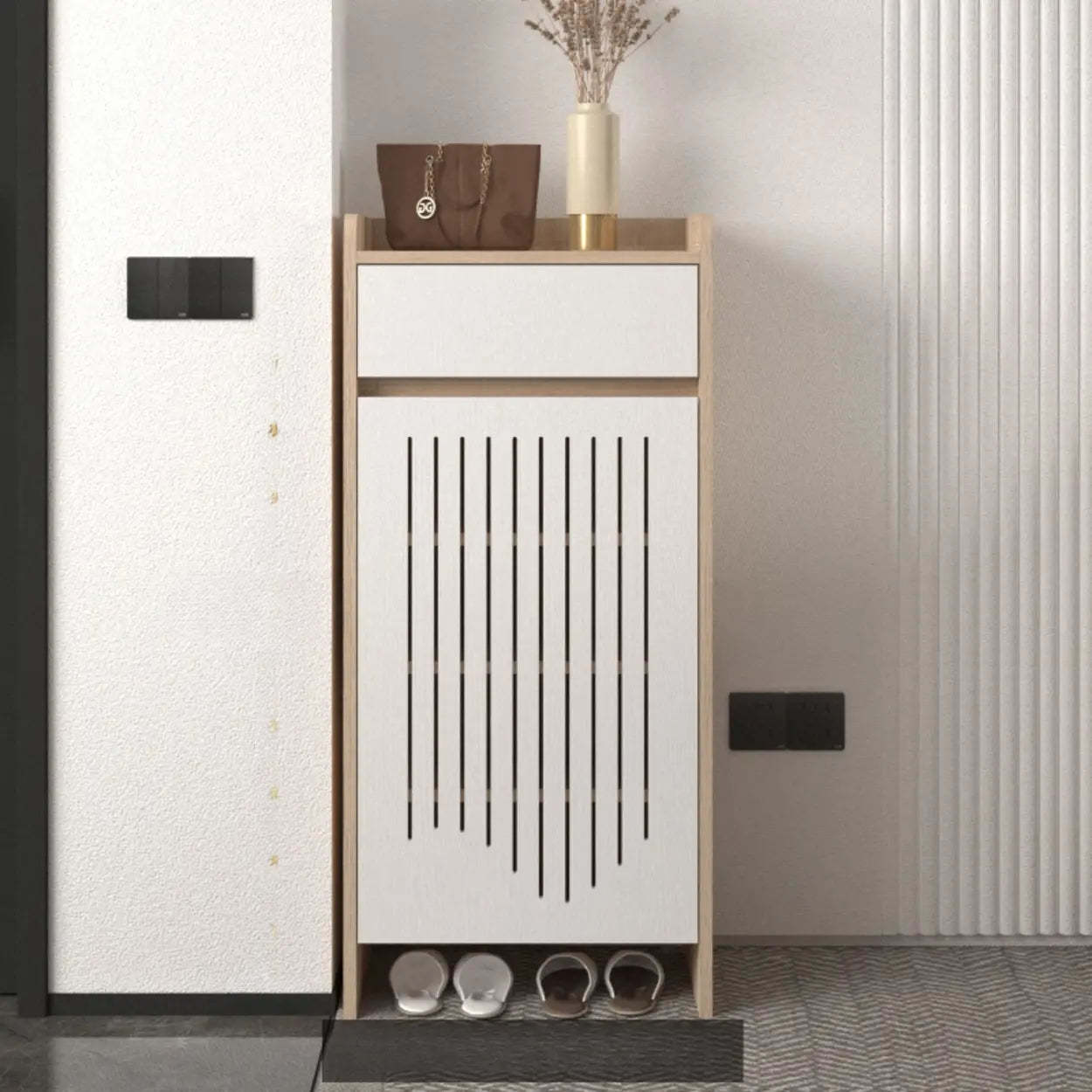 Modern Slim Beige Wood Hallway Shoe Cabinet — Black Oak