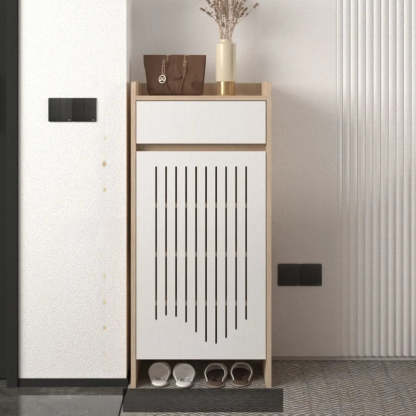 Modern Slim Beige Wood Hallway Shoe Cabinet — Black Oak