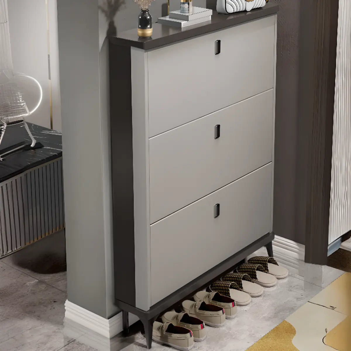 Modern Slim Gray Wood 3-Tier Shoe Cabinet