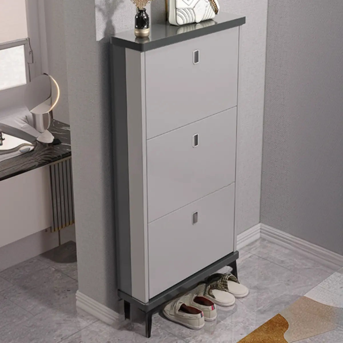 Modern Slim Gray Wood 3-Tier Shoe Cabinet — Grey