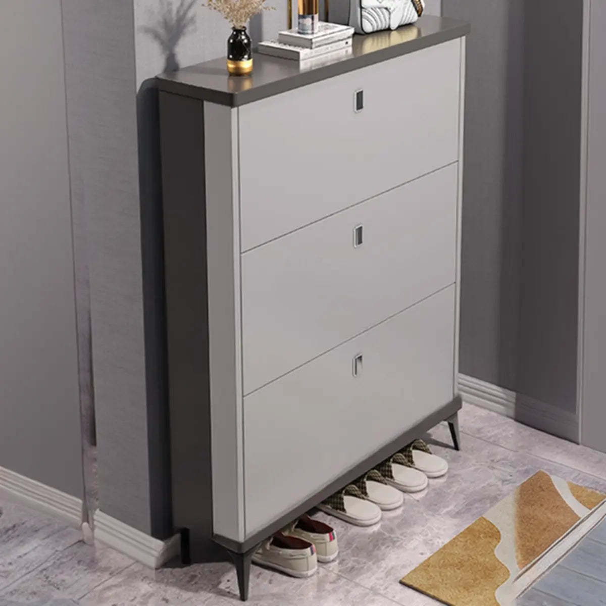 Gray modern slim shoe storage — 35" L x 9" W x 47" H