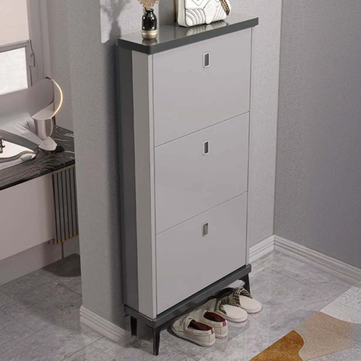 Modern Slim Gray Wood 3-Tier Shoe Cabinet — Grey