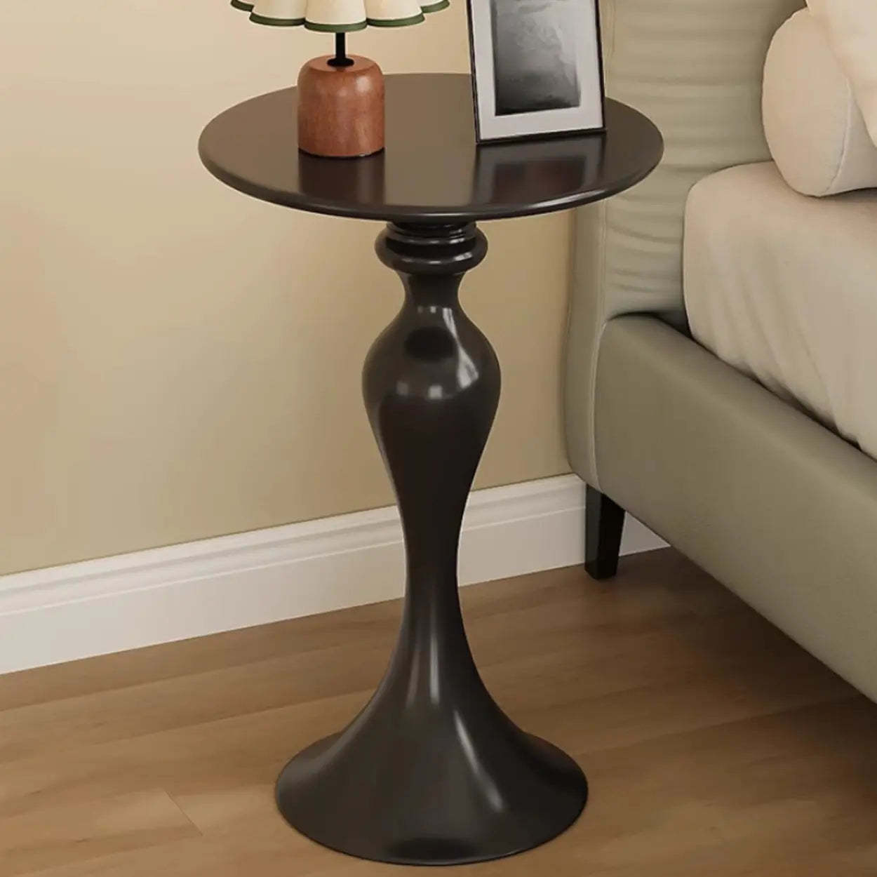 Modern Small Black Sculpted Pedestal Side Table — Black