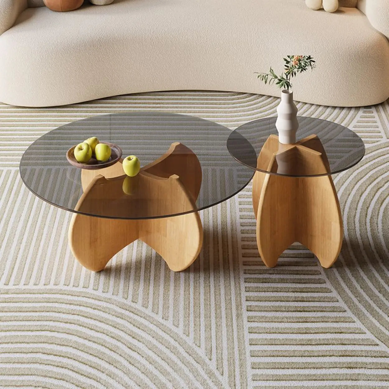 Modern Small Round Gray Glass Coffee Table with Wood Base