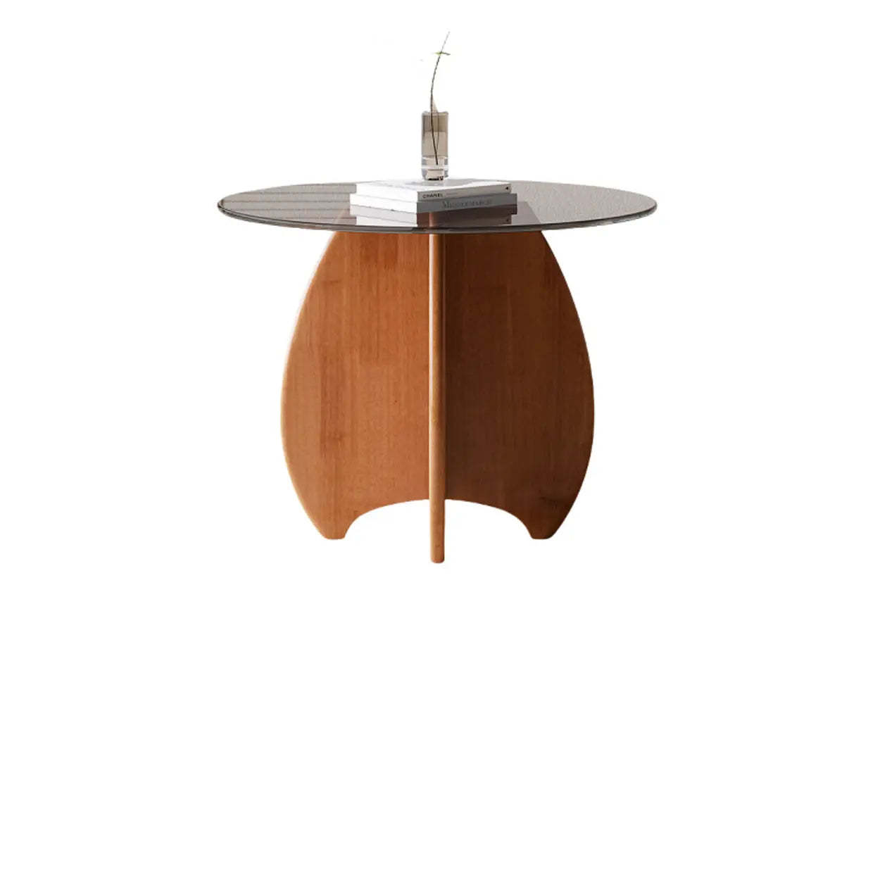 Modern Small Round Gray Glass Coffee Table with Wood Base — Nut/Brown