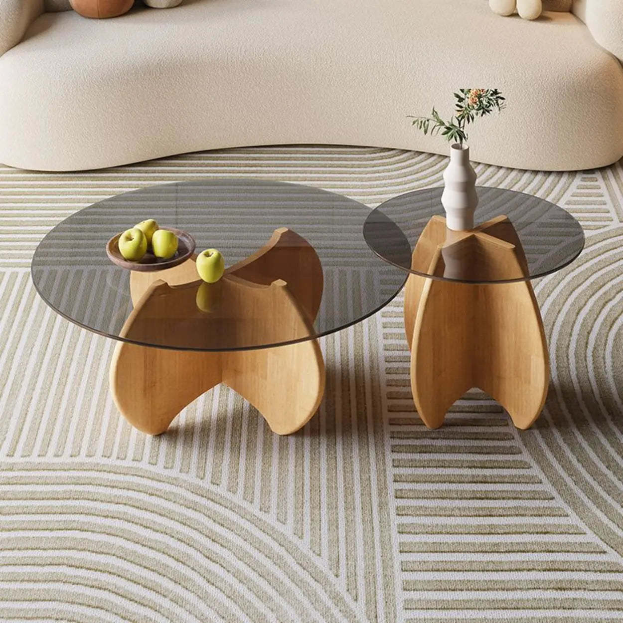 Modern Small Round Gray Glass Coffee Table with Wood Base — Black