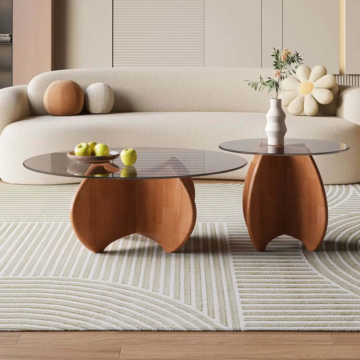 Modern Small Round Gray Glass Coffee Table with Wood Base — Black