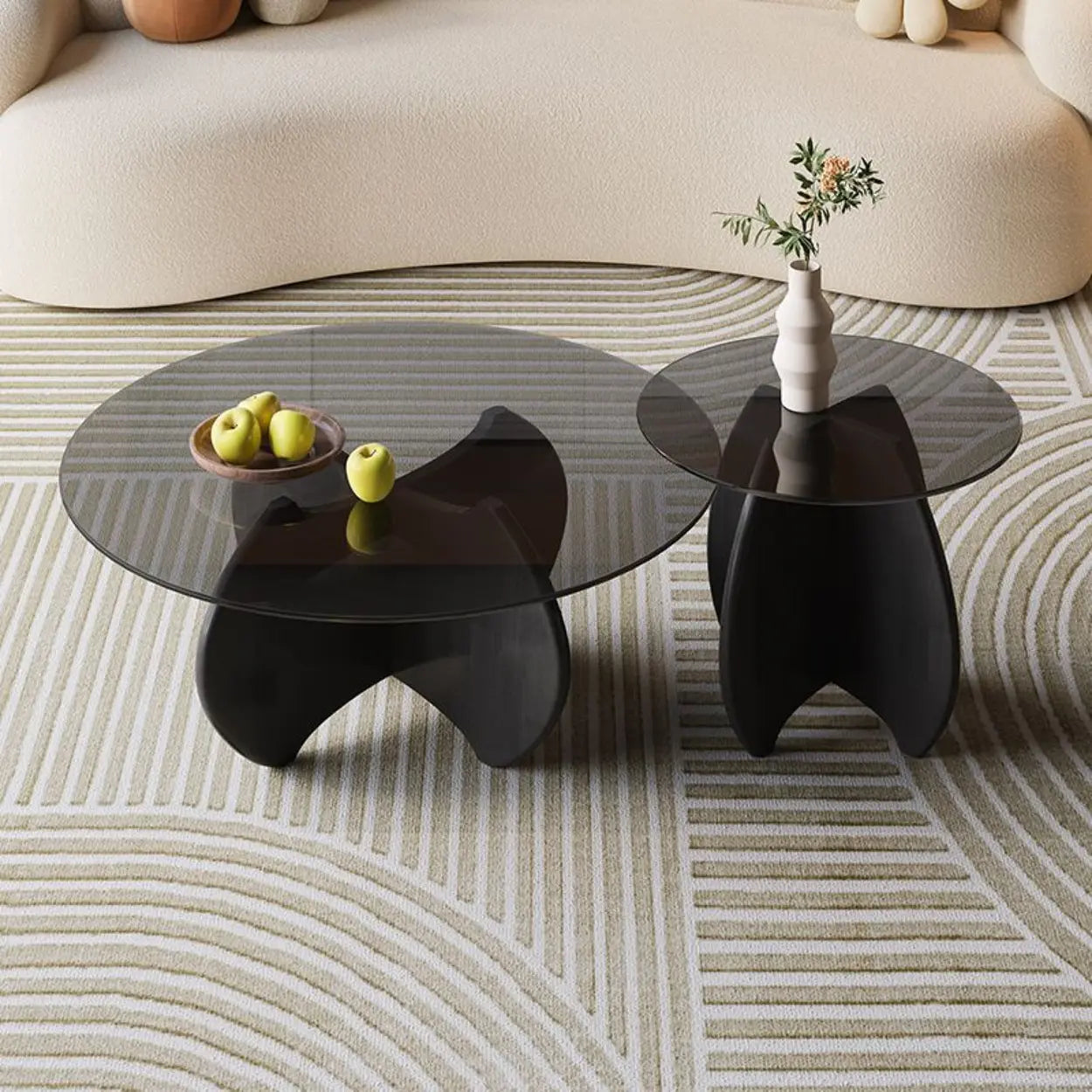 Modern Small Round Gray Glass Coffee Table with Wood Base — Black