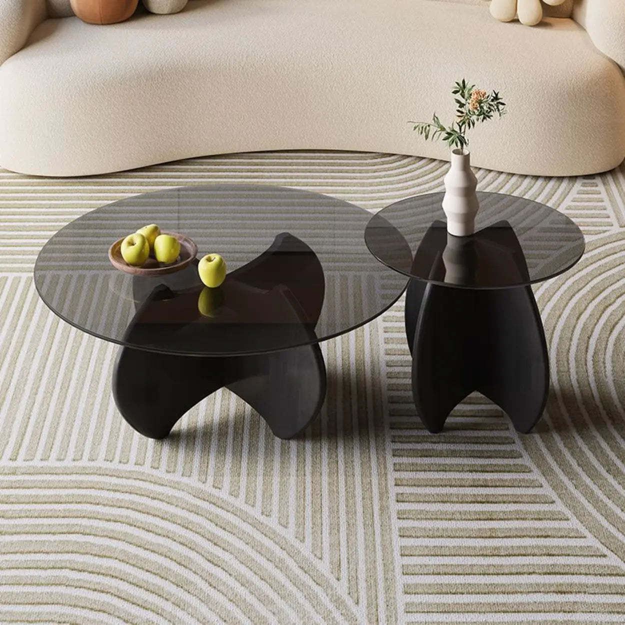 Modern Small Round Gray Glass Coffee Table with Wood Base — Black