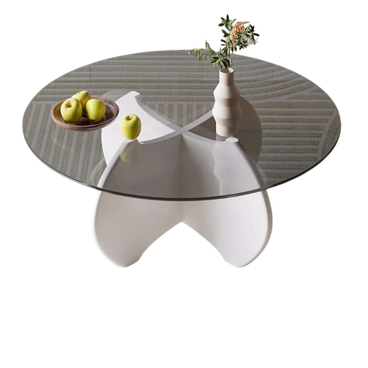 Modern Small Round Gray Glass Coffee Table with Wood Base — Natural Finish