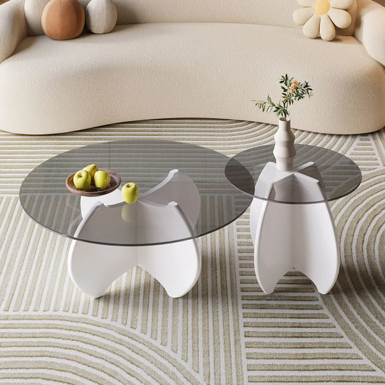 Modern Small Round Gray Glass Coffee Table with Wood Base — White
