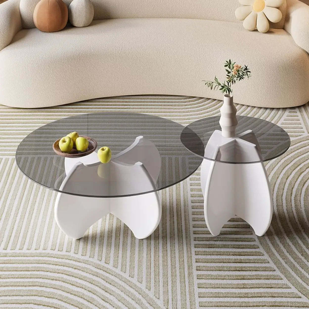 Modern Small Round Gray Glass Coffee Table with Wood Base — White