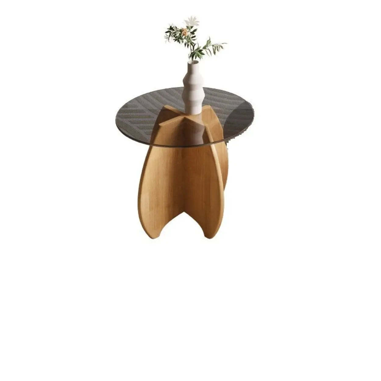 Modern Small Round Gray Glass Coffee Table with Wood Base — Natural Finish