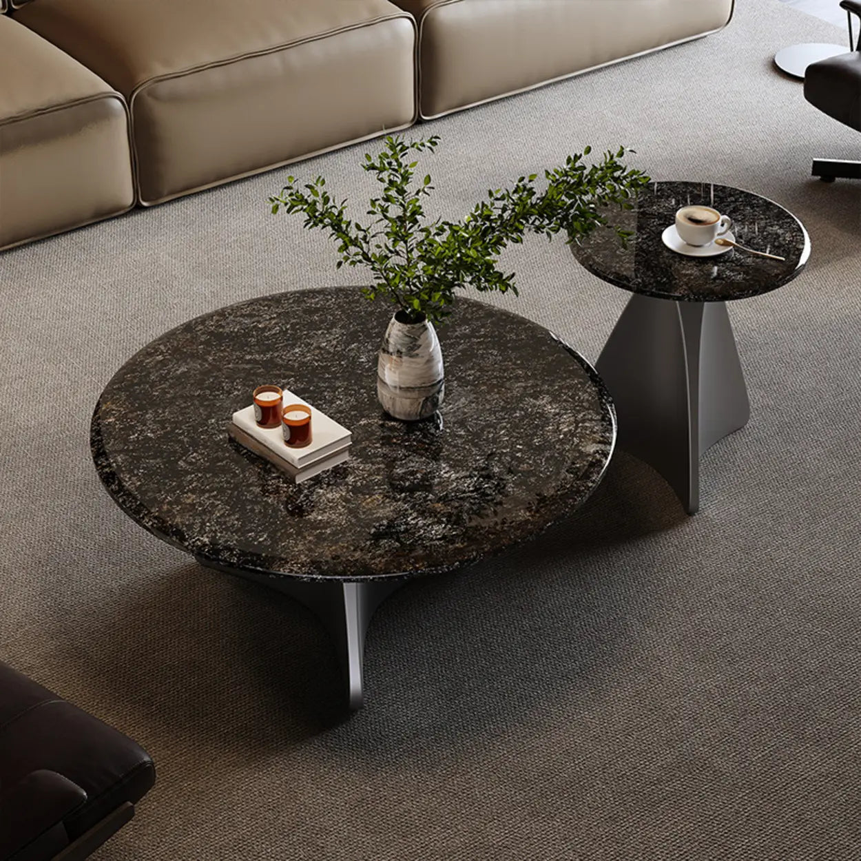 Modern Small Round Polished Stone Coffee Table — Black