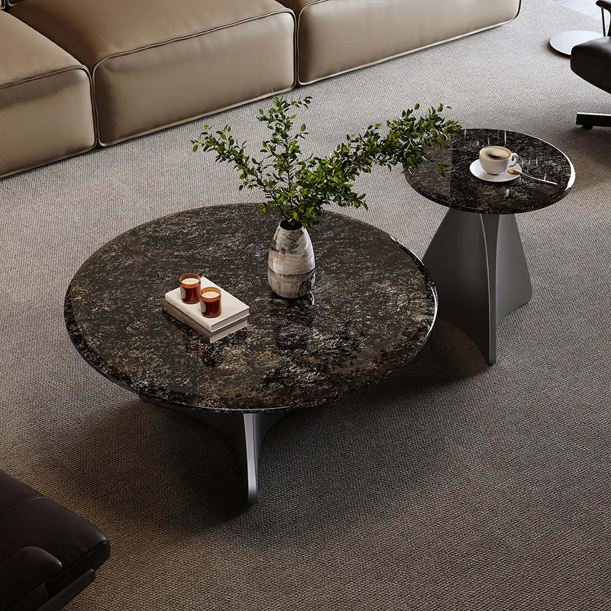 Modern Small Round Polished Stone Coffee Table — Black