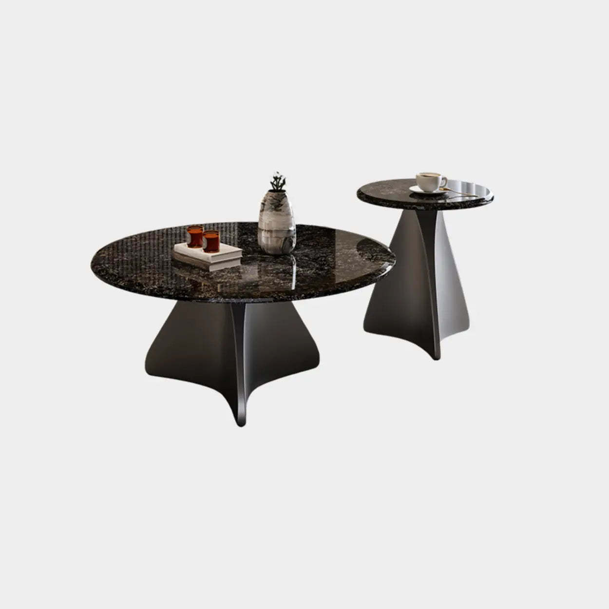 Modern Small Round Polished Stone Coffee Table — Brown