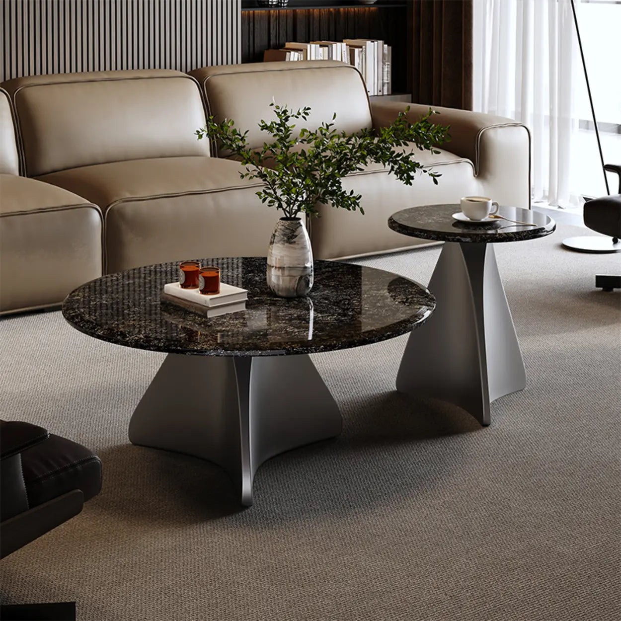 Modern Small Round Polished Stone Coffee Table — Brown