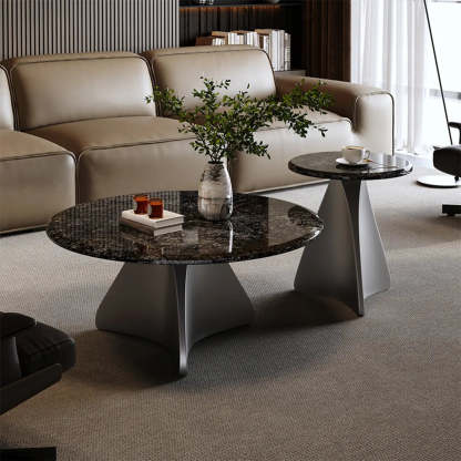 Modern Small Round Polished Stone Coffee Table — Brown