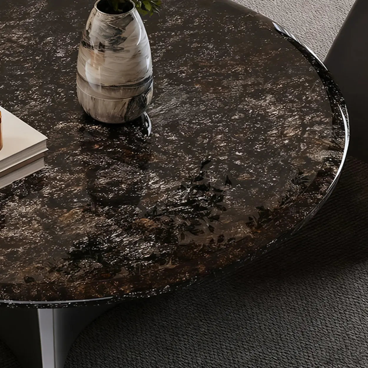 Modern Small Round Polished Stone Coffee Table — Brown