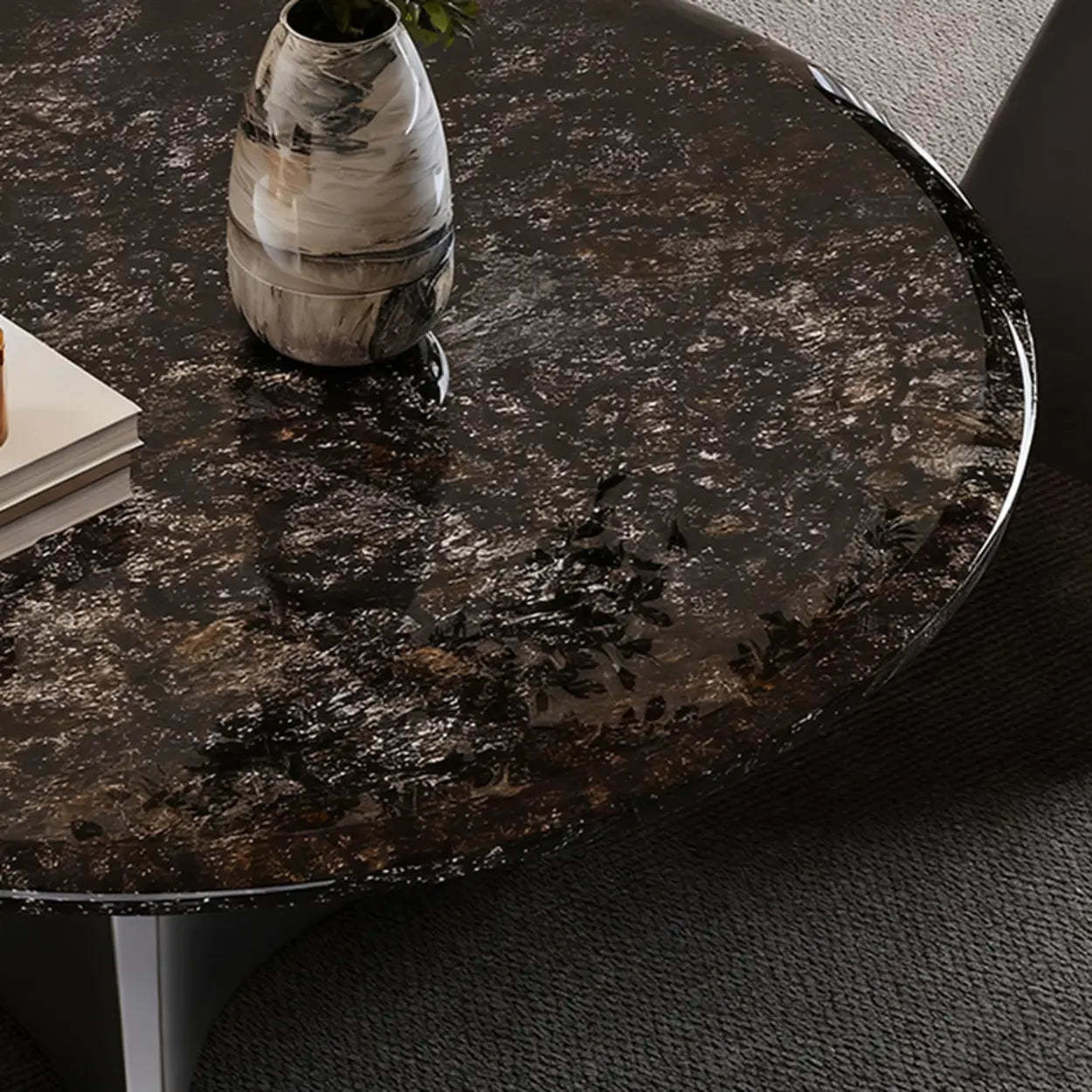 Modern Small Round Polished Stone Coffee Table — Brown