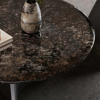 Modern Small Round Polished Stone Coffee Table — Brown